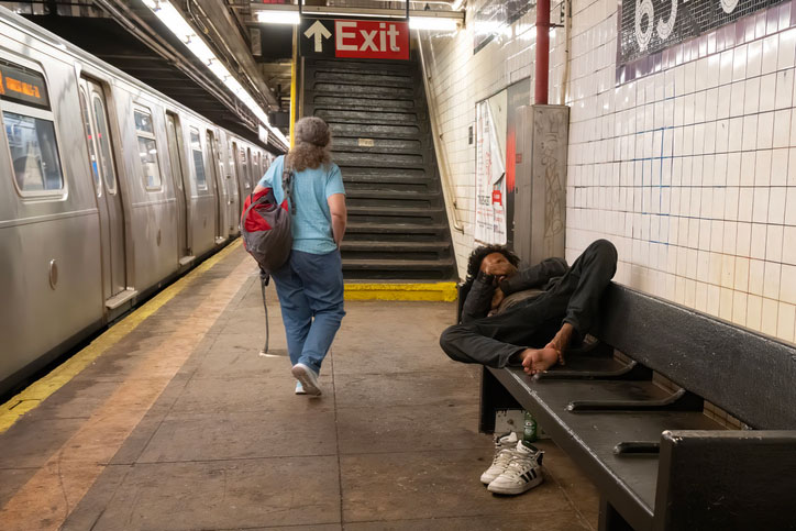 homeless sleeping on a subway bench