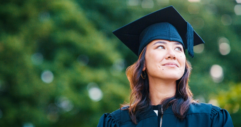 University student, woman and outdoor for graduation with memory, smile or thinking or achievement at campus. 