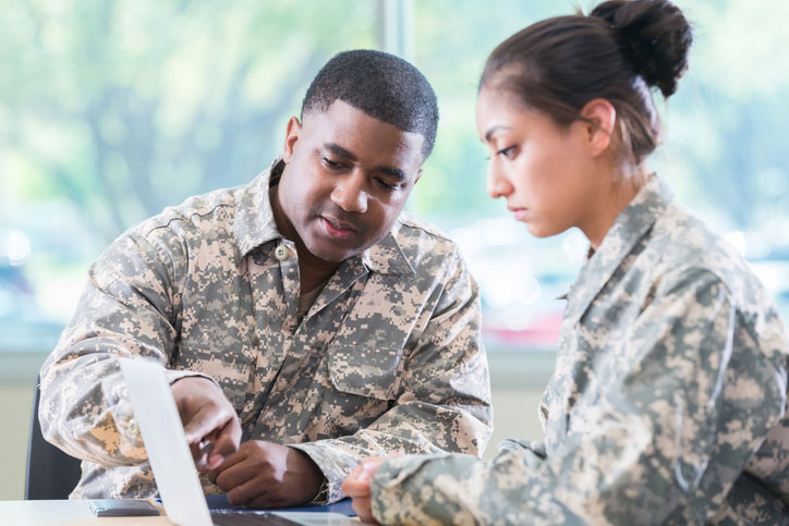 two soldiers reviewing documents