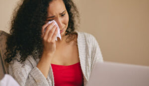 emotional woman on counseling call