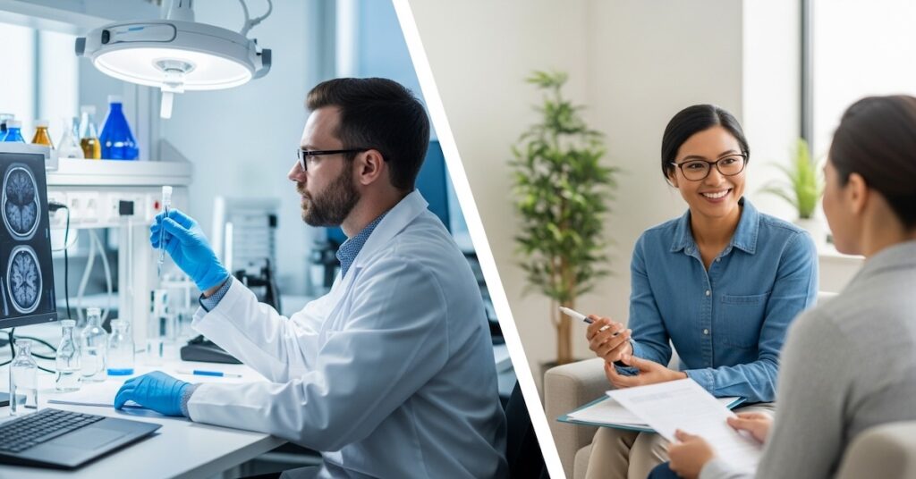 addiction-studies-researcher-vs-substance-abuse-counselor-careers - SubstanceAbuseCounselor.org Addiction studies researcher analyzing lab samples and substance abuse counselor conducting therapy session with client