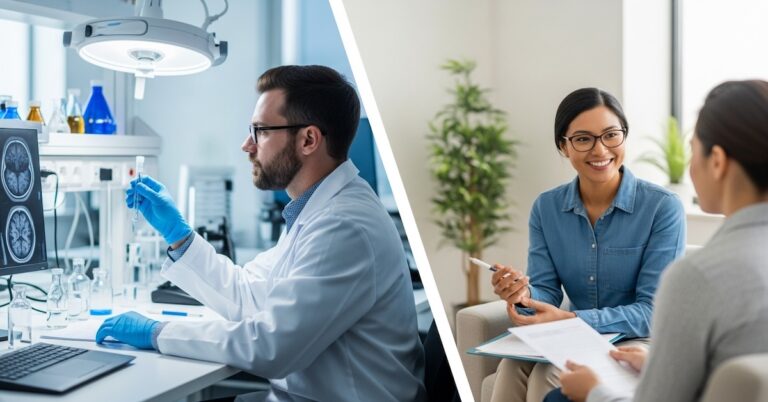 addiction-studies-researcher-vs-substance-abuse-counselor-careers - SubstanceAbuseCounselor.org Addiction studies researcher analyzing lab samples and substance abuse counselor conducting therapy session with client