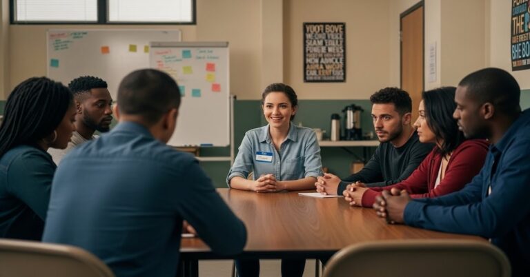 substance-abuse-counseling-intern-group-therapy-session - SubstanceAbuseCounselor.org Substance abuse counseling intern facilitating group therapy session at treatment center