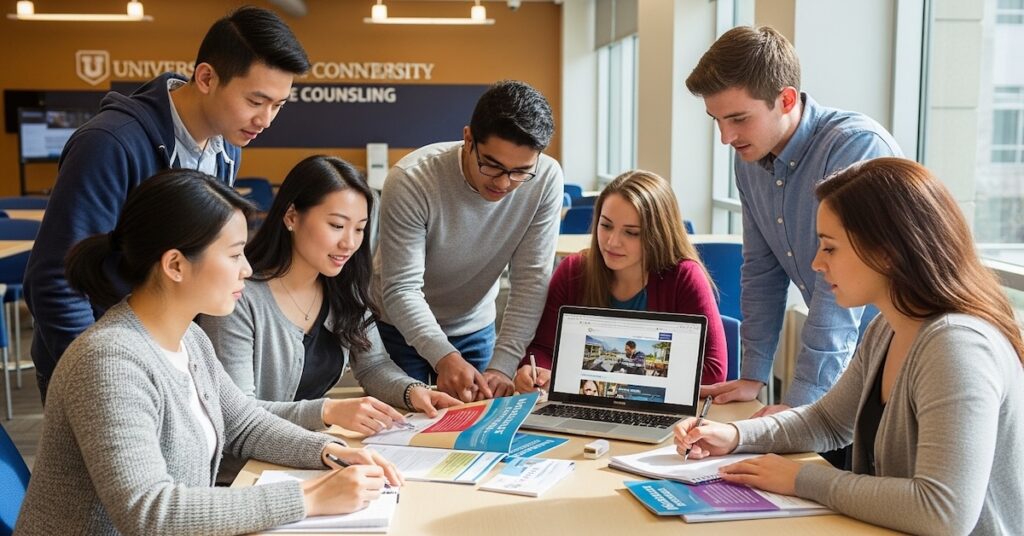 Diverse college students collaborating on degree program research in university counseling center, reviewing psychology, social work, and counseling materials